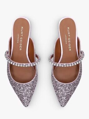 Kurt Geiger Princely 2 Pink Glitter Pointed Toe Mule Flats with Crystal Strap